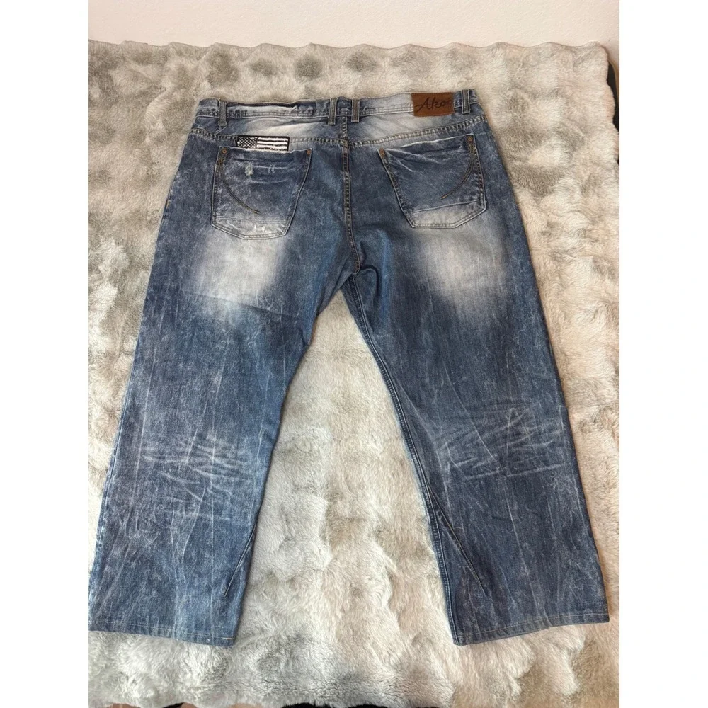 AKOO Mens Distressed Blue Wash Straight Leg Jeans Size 44 American Flag-0590
